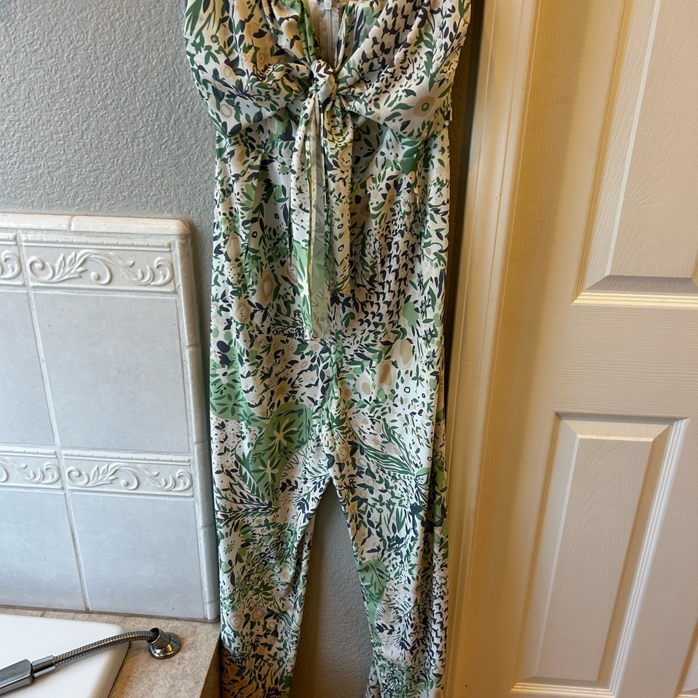 Aakaa Green and Blue Floral Top Strapless jumpsuit